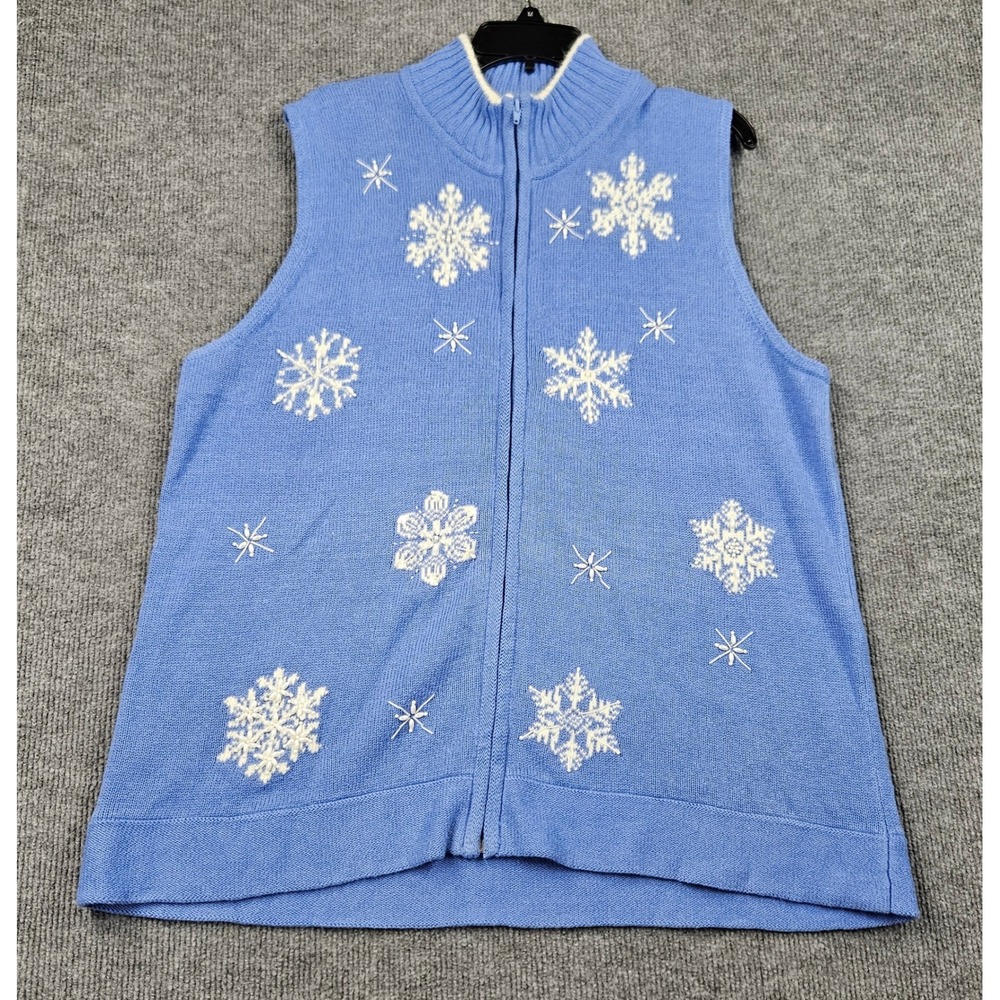 Quacker Factory Blue Snowflake Beaded Zip Front Sweater Vest XL Winter Holiday